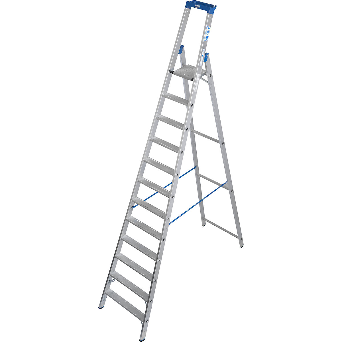 Aluminiowa drabina rozstawna ze stopniami, o właściwościach antypoślizgowych R13 – KRAUSE