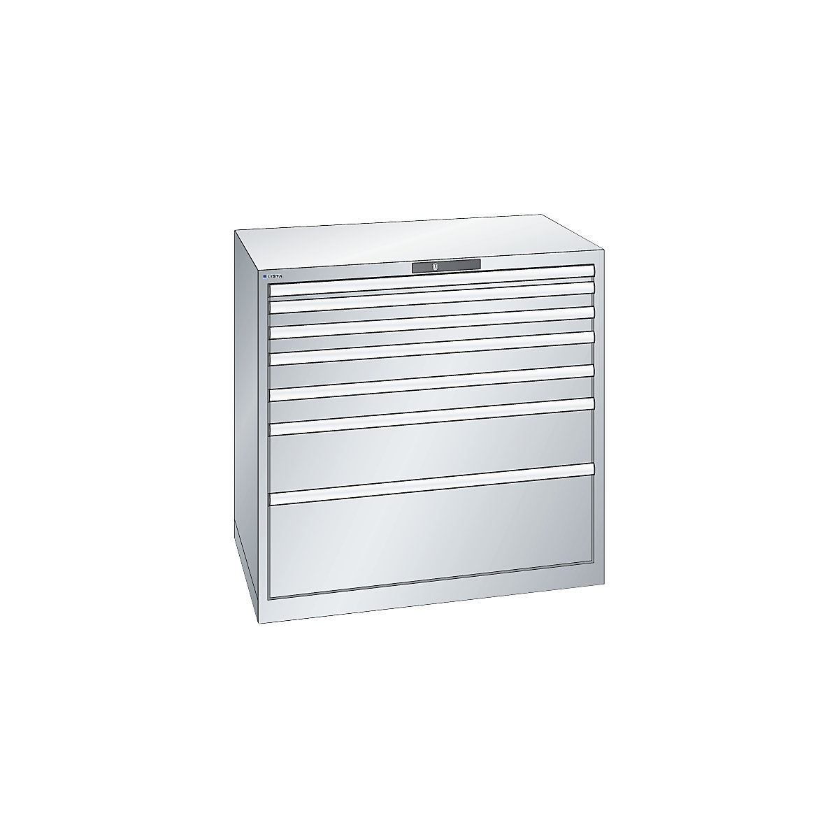 Dulap cu sertare, tablă de oțel – LISTA, î. x lăț. 1000 x 1023 mm, 7 sertare, capacitate portantă 200 kg, gri deschis-2