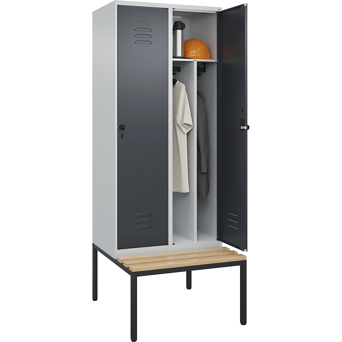 Vestiar pentru haine curate și murdare Classic PLUS cu bancă, îngust – C+P