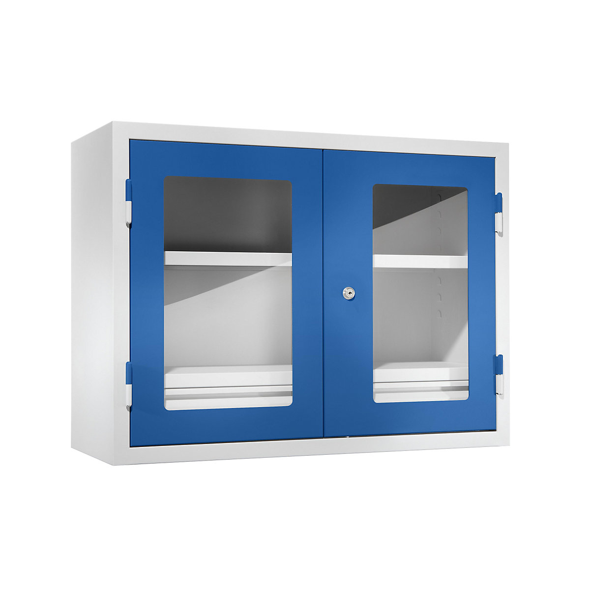 EUROKRAFTbasic – Dulap de atelier suspendat, î. x lăț. x ad. 600 x 800 x 320 mm, uși cu geam transparent, cu 2 polițe + 2 sertare, albastru gențiană RAL 5010
