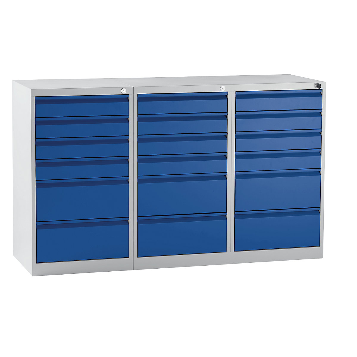 EUROKRAFTbasic – Dulap cu sertare, oțel, î. x lăț. x ad. 900 x 1500 x 500 mm, 18 sertare, sertare albastru gențiană