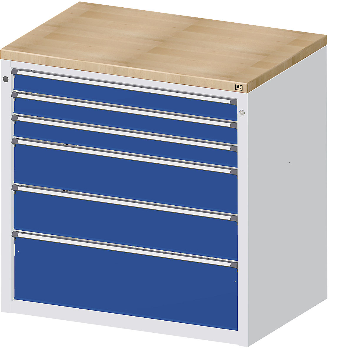 Dulap pentru banc pentru distribuția materialelor și a uneltelor – ANKE, 3 sertare 90 mm, 2 sertare 180 mm, 1 sertar 270 mm, gri / albastru-1