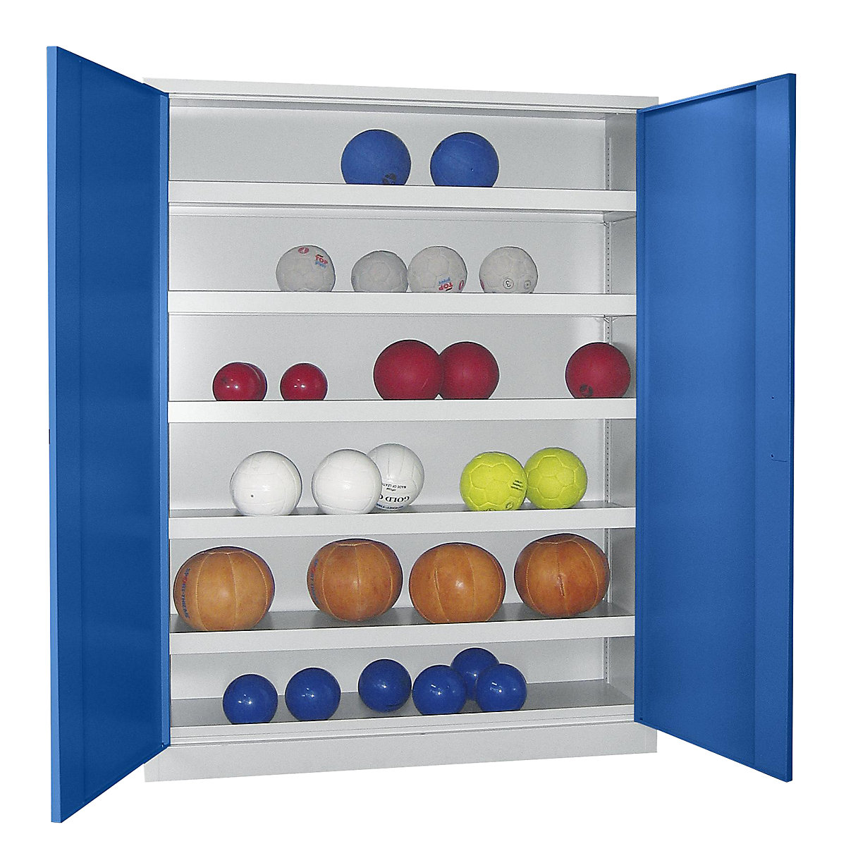 Dulap pentru mingi, uși cu canaturi, înălțime 1950 mm – Pavoy, cu uși pline din tablă, lățime 1500 mm, gri / albastru-2