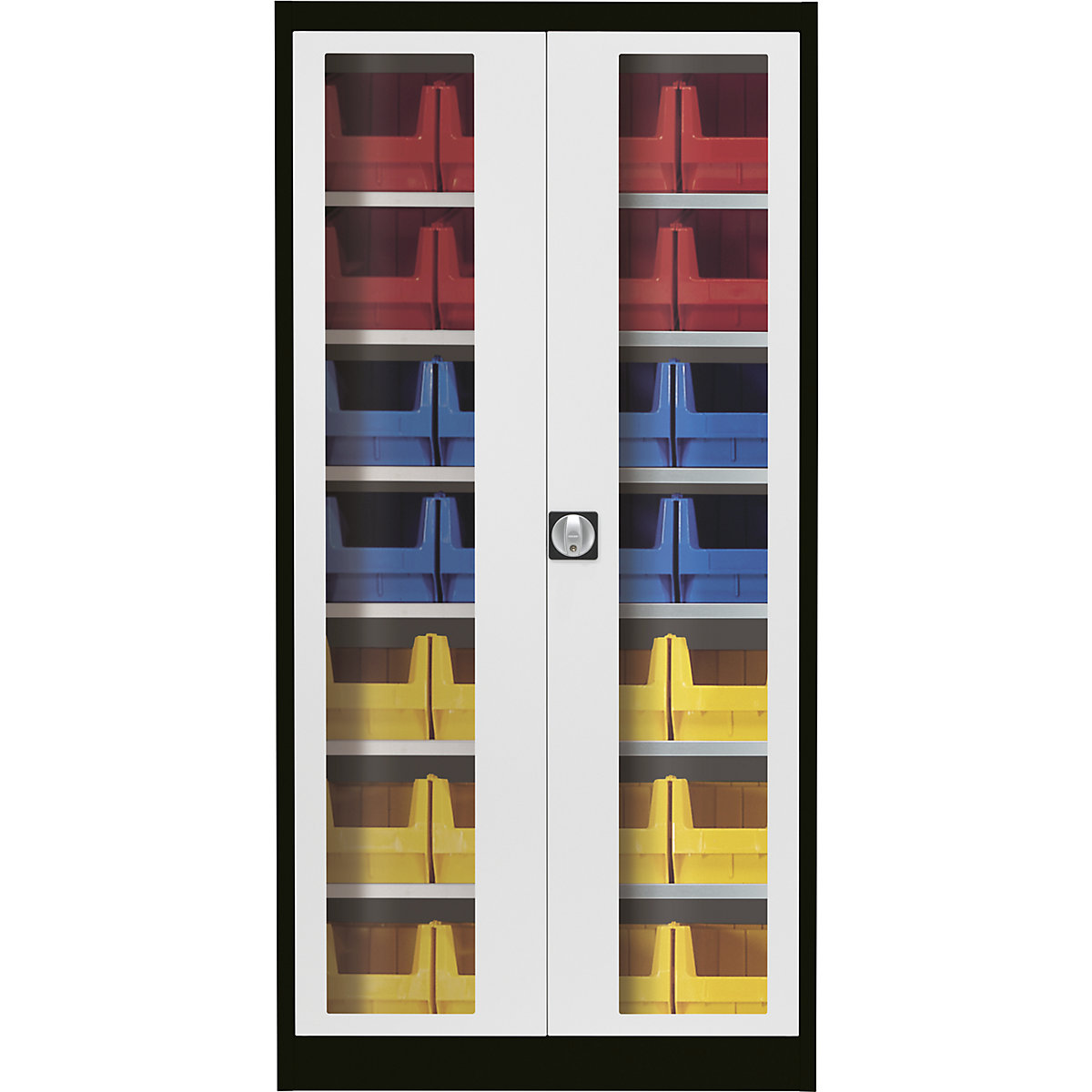Dulap cu uși cu canaturi cu geam – mauser, cu 28 cutii de depozitare deschise, negru grafit / gri deschis-5