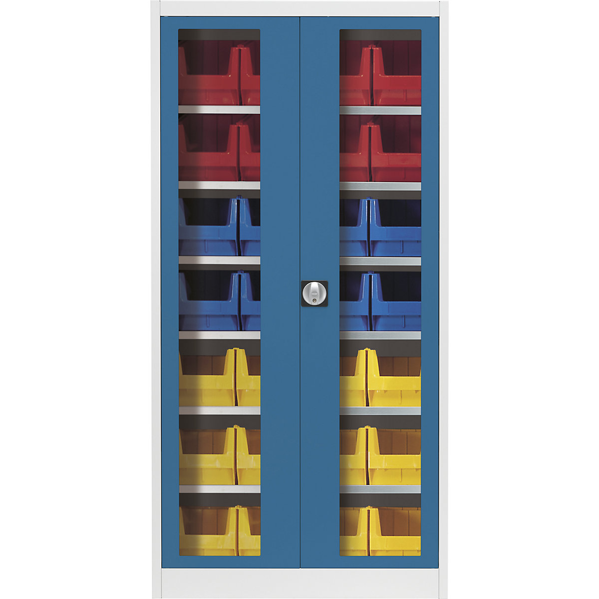 Dulap cu uși cu canaturi cu geam – mauser, cu 28 cutii de depozitare deschise, gri deschis / albastru briliant-6