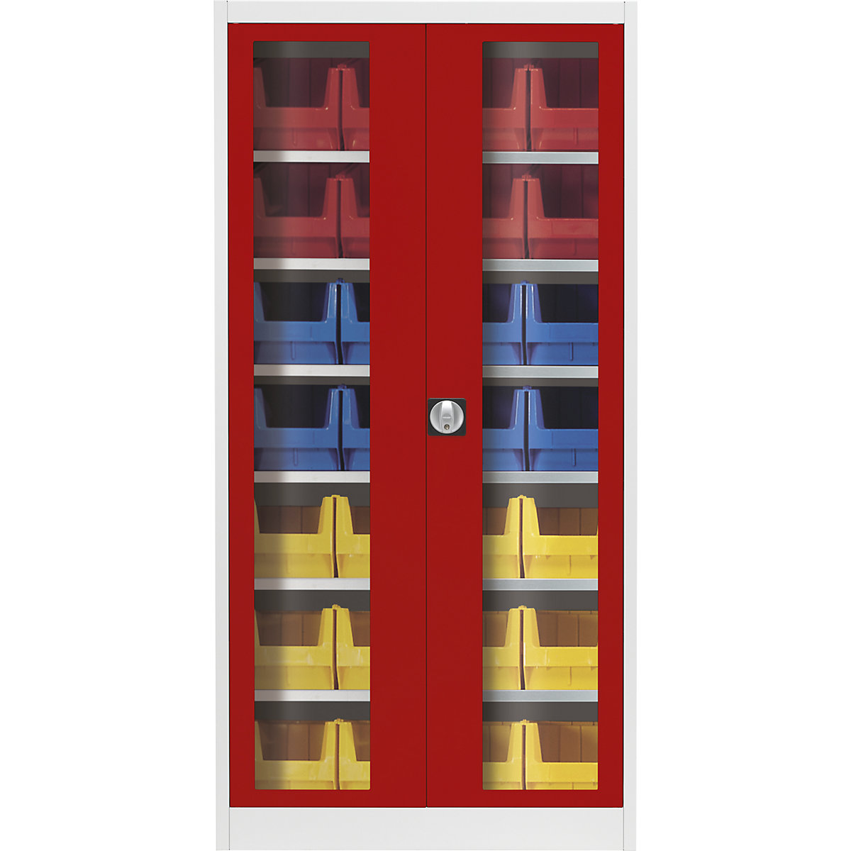 Dulap cu uși cu canaturi cu geam – mauser, cu 28 cutii de depozitare deschise, gri deschis / roșu aprins-8