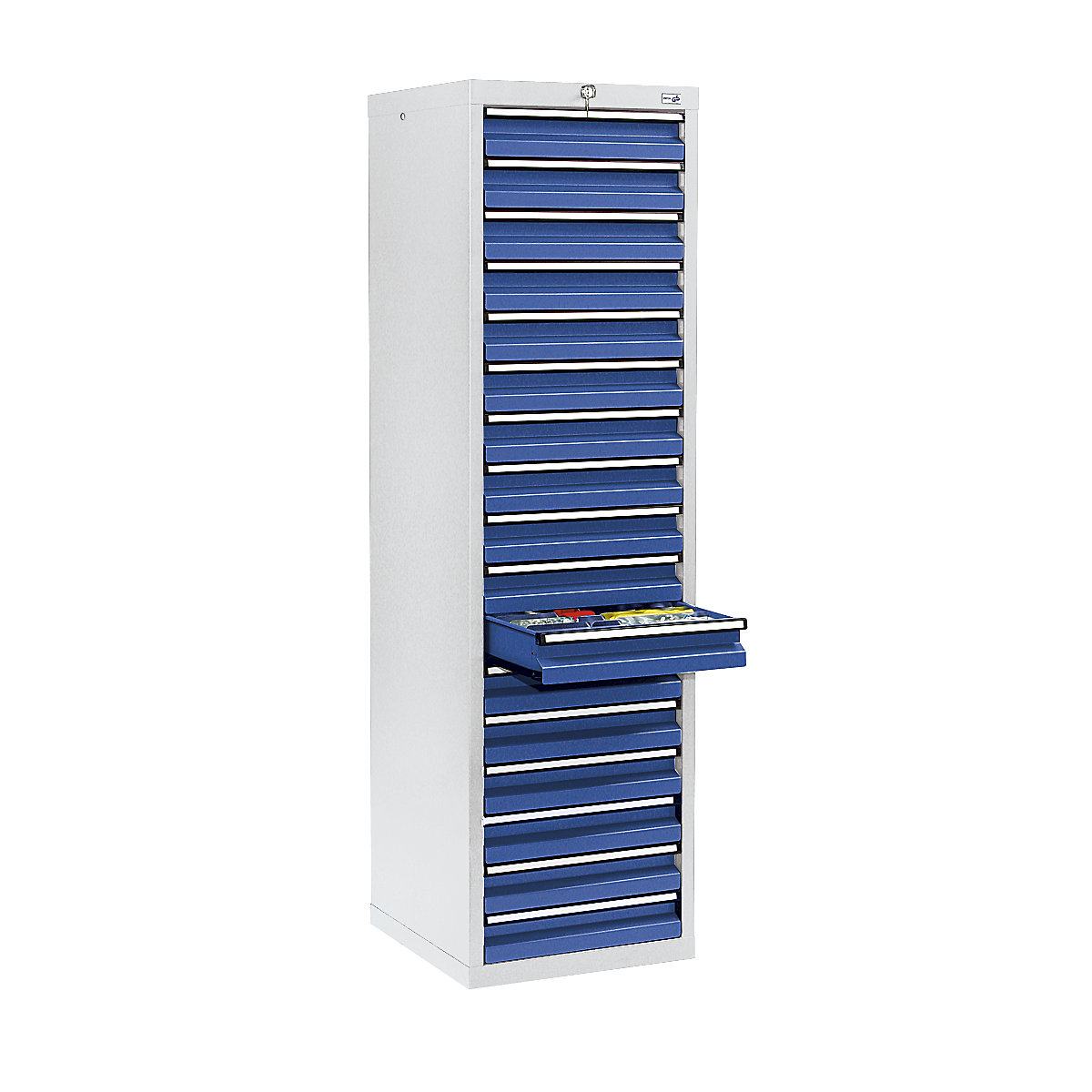 Dulap cu sertare, î. x lăț. x ad. 1800 x 500 x 500 mm, 17 sertare 100 mm înălțime, corp gri, sertare albastru gențiană-8