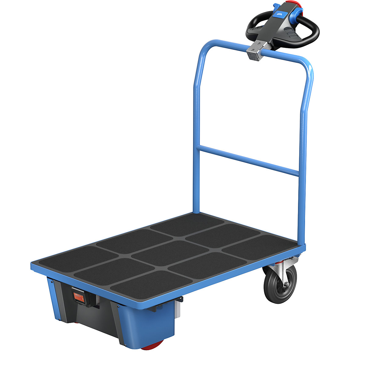 EUROKRAFTpro – Platform truck with electric drive, tubular push handle, LxWxH 1370 x 700 x 1300 mm, solid rubber tyres