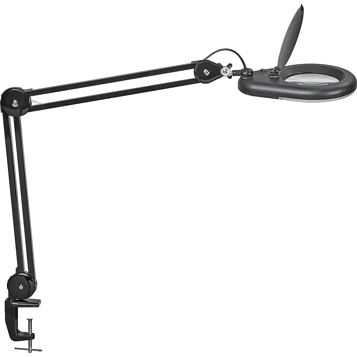 Lampă LED cu lupă MAULviso – MAUL, lungime braț 410 mm, cu clemă de masă, negru