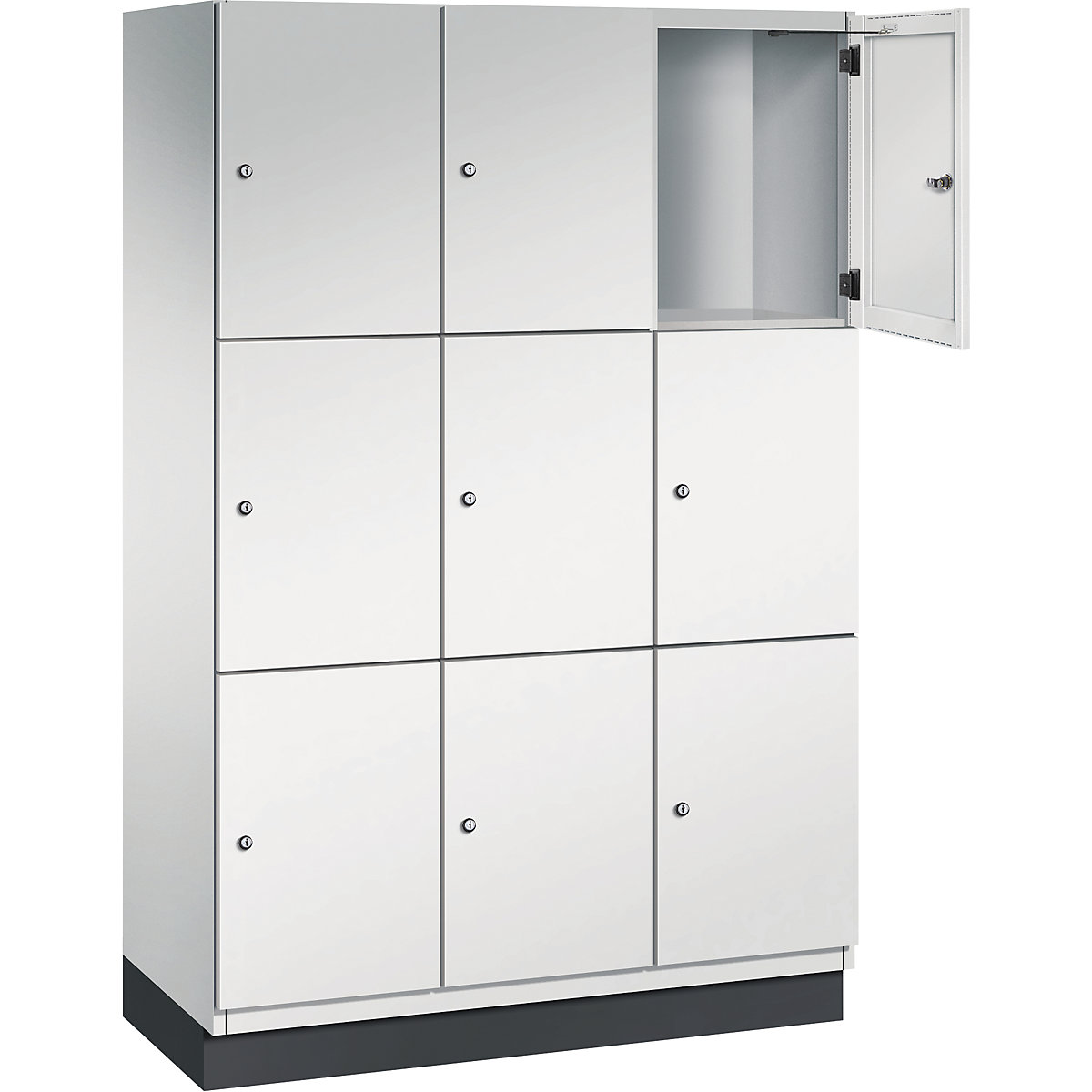 Armário de cacifos com 3 compartimentos Cambio – C+P, 3 compartimentos, cinzento claro, porta em chapa de aço, L 1200 mm, 9 compartimentos-3