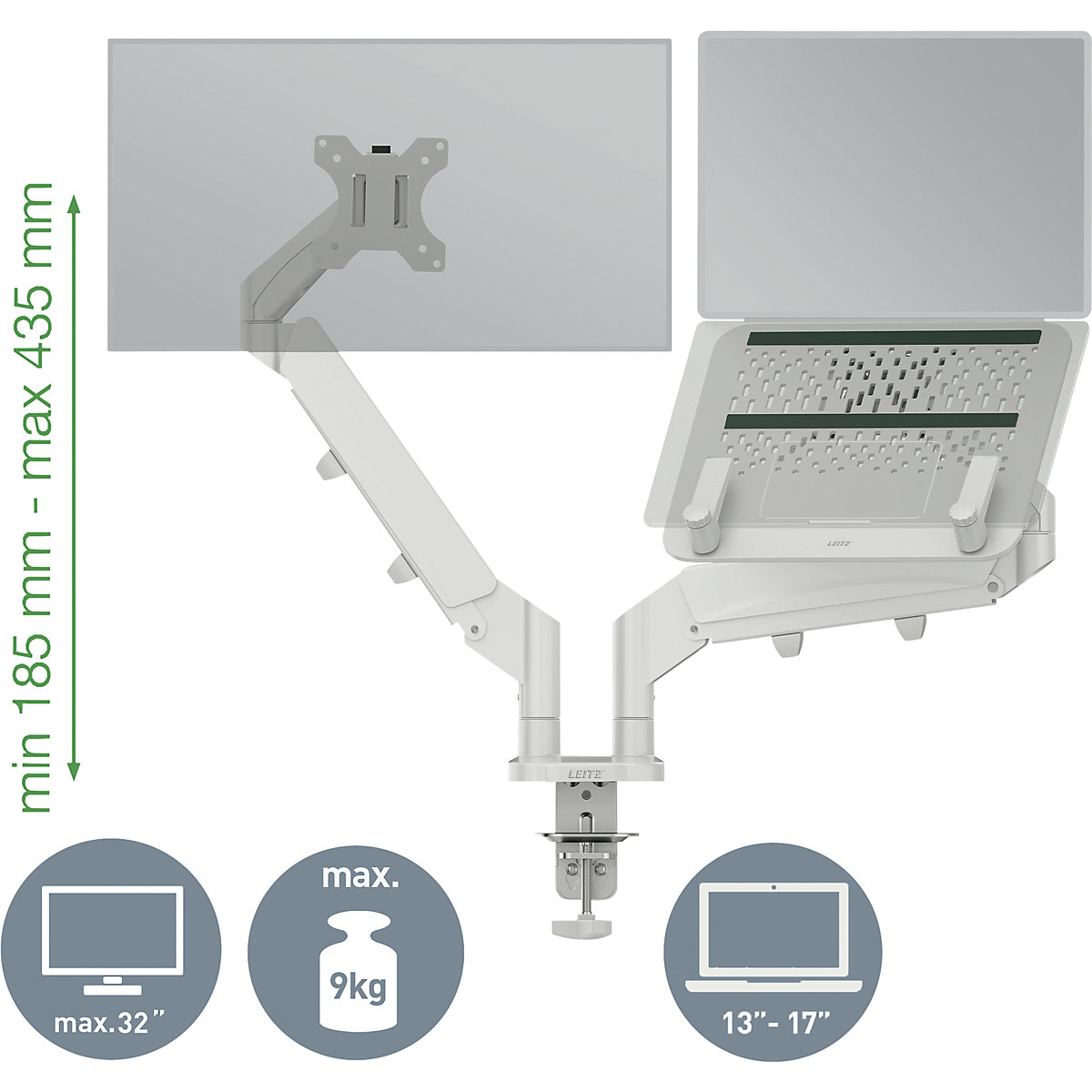 Braço de monitor duplo, Leitz Ergo com suporte para portátil – Leitz (Imagem do produto 4)-3