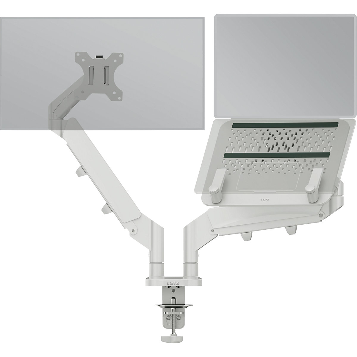 Braço de monitor duplo, Leitz Ergo com suporte para portátil – Leitz