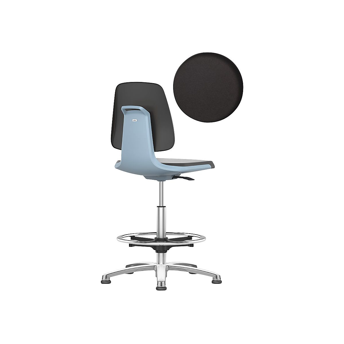 Silla giratoria de trabajo LABSIT – bimos, con tacos y estribo circular, asiento de espuma de PU azul-41