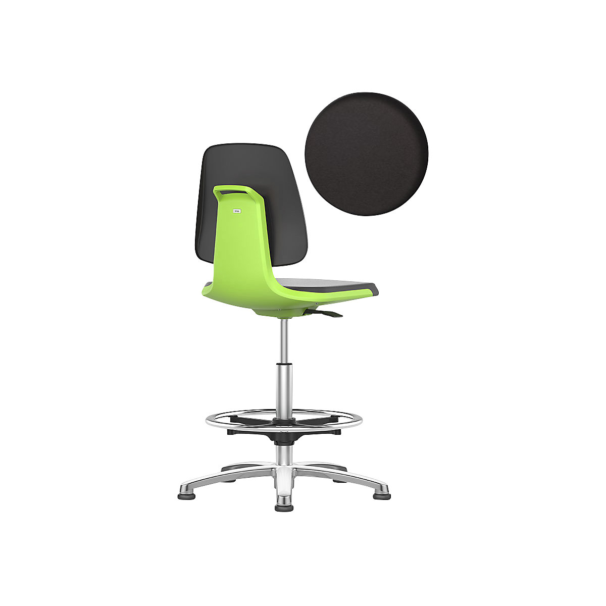 Silla giratoria de trabajo LABSIT – bimos, con tacos y estribo circular, asiento con tapizado de piel sintética verde-12