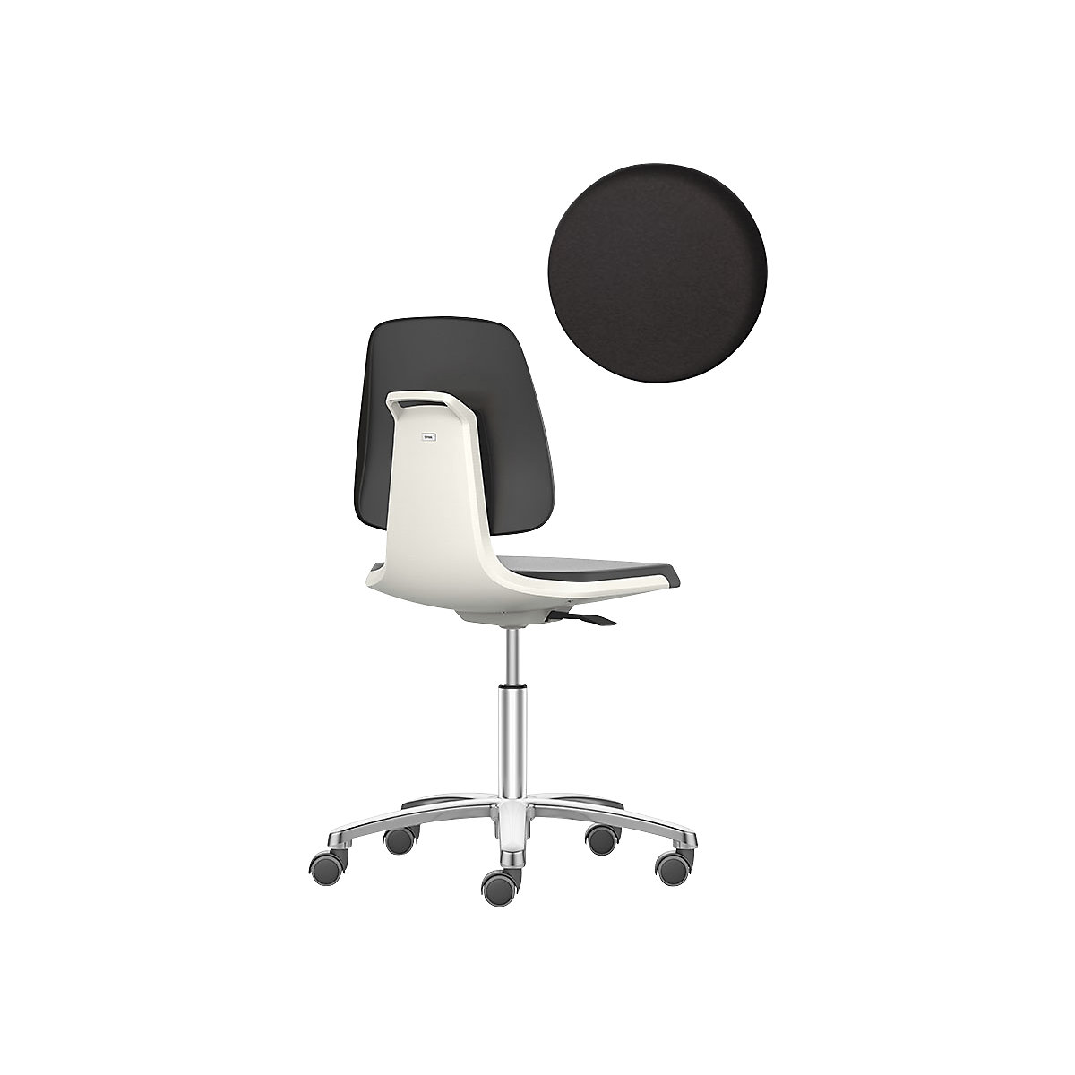 Silla giratoria de trabajo LABSIT – bimos, cinco pies con ruedas, asiento con tapizado de piel sintética blanca-23