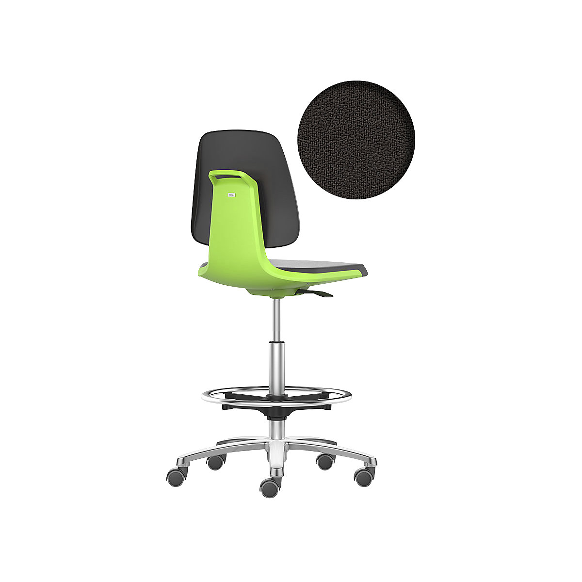 Silla giratoria de trabajo LABSIT – bimos, silla alta con ruedas de freno y estribo circular, asiento con tapizado de tela verde-28