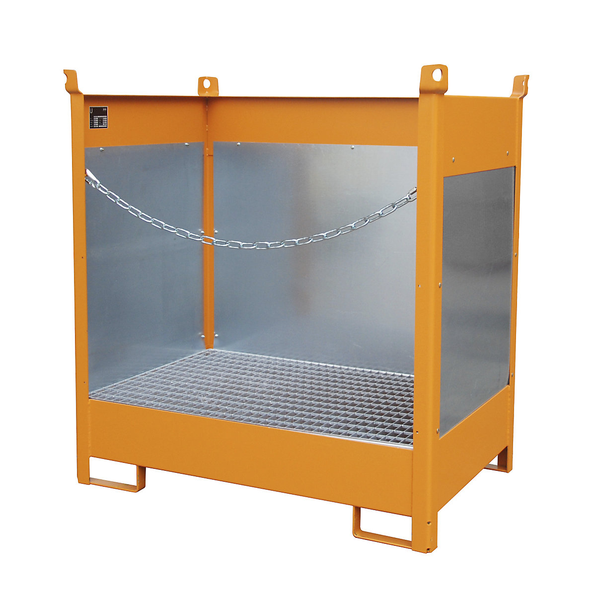 Storage and transport pallet with sump tray – eurokraft pro, with closed rear and side panels, stackable, for 2 drums, painted-5