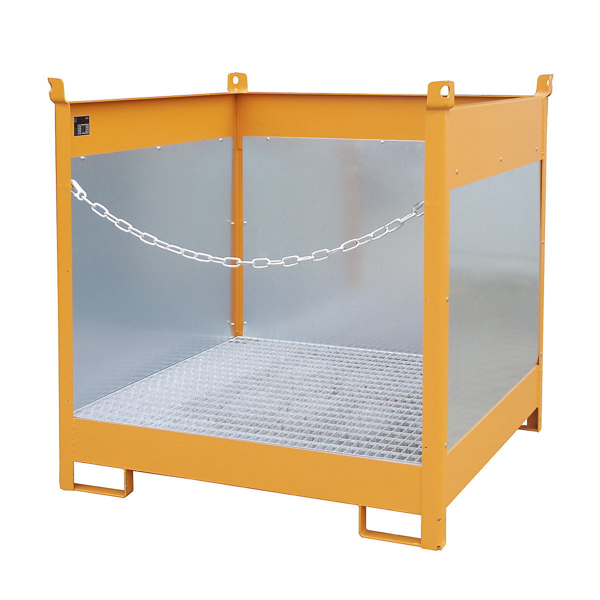 Storage and transport pallet with sump tray – eurokraft pro, with closed rear and side panels, stackable, for 4 drums, painted-3