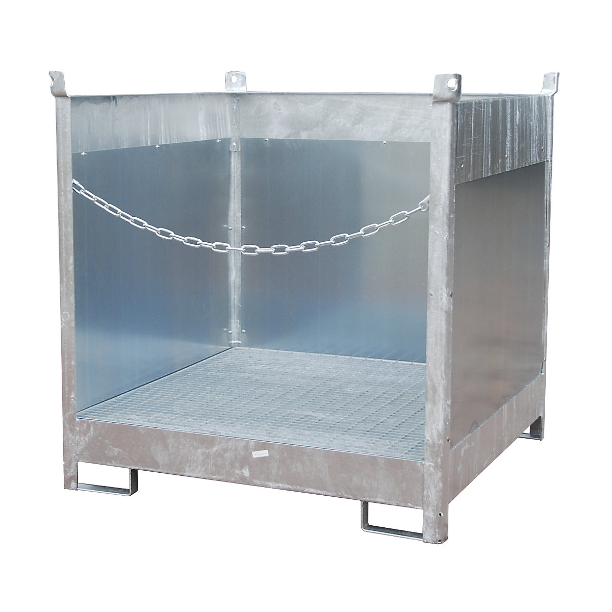 Storage and transport pallet with sump tray – eurokraft pro, with closed rear and side panels, stackable, for 4 drums, zinc plated-6