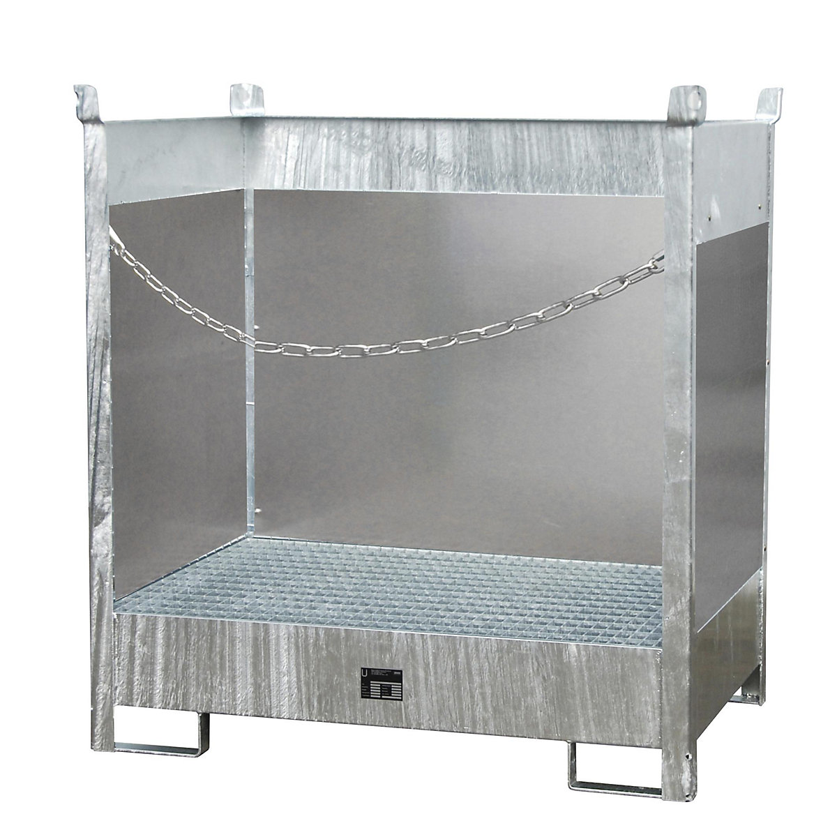 Storage and transport pallet with sump tray – eurokraft pro, with closed rear and side panels, stackable, for 2 drums, zinc plated-1