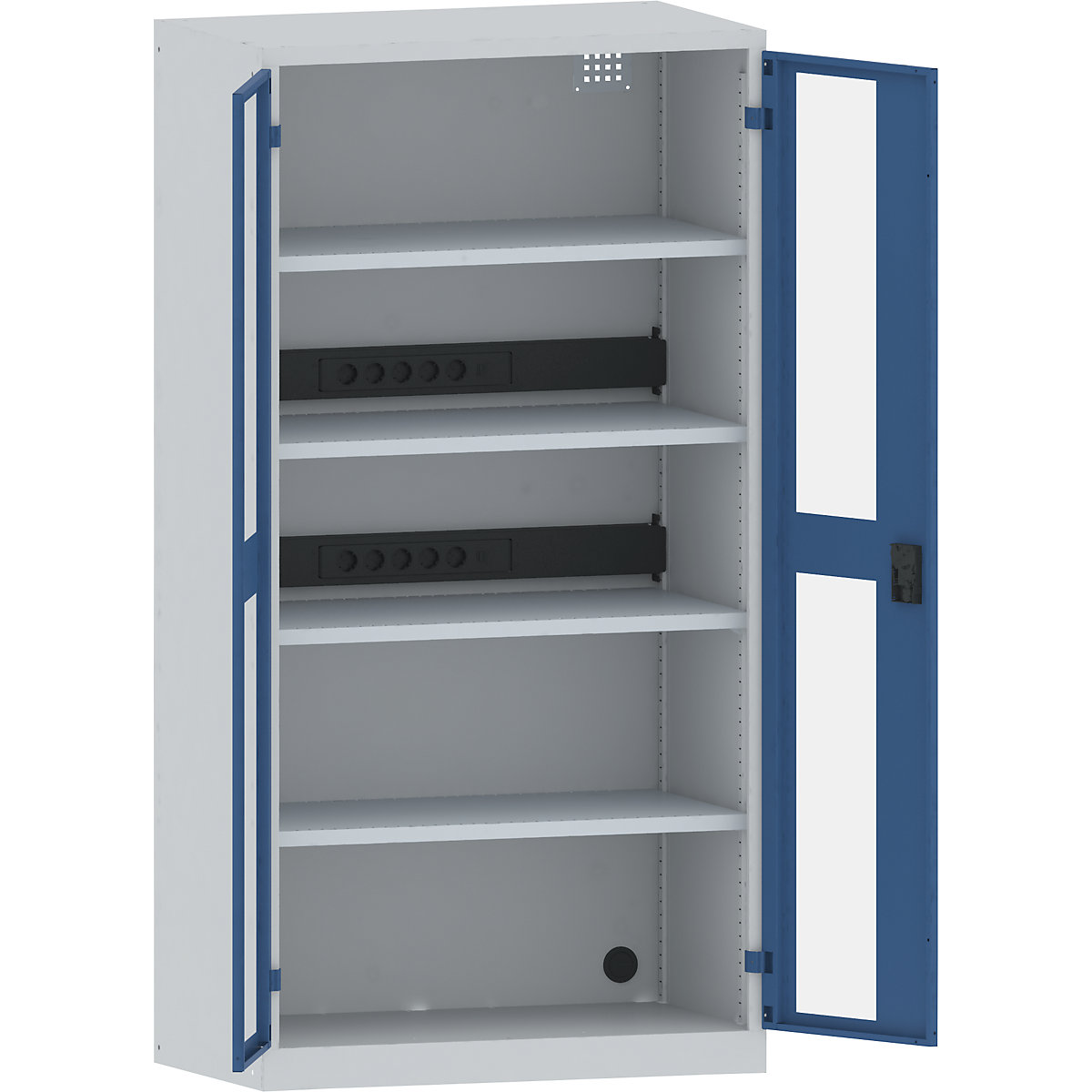 Armoire de chargement centralisé – LISTA, 4 tablettes, portes vitrées, 2 rampes électriques au dos, gris/bleu-13
