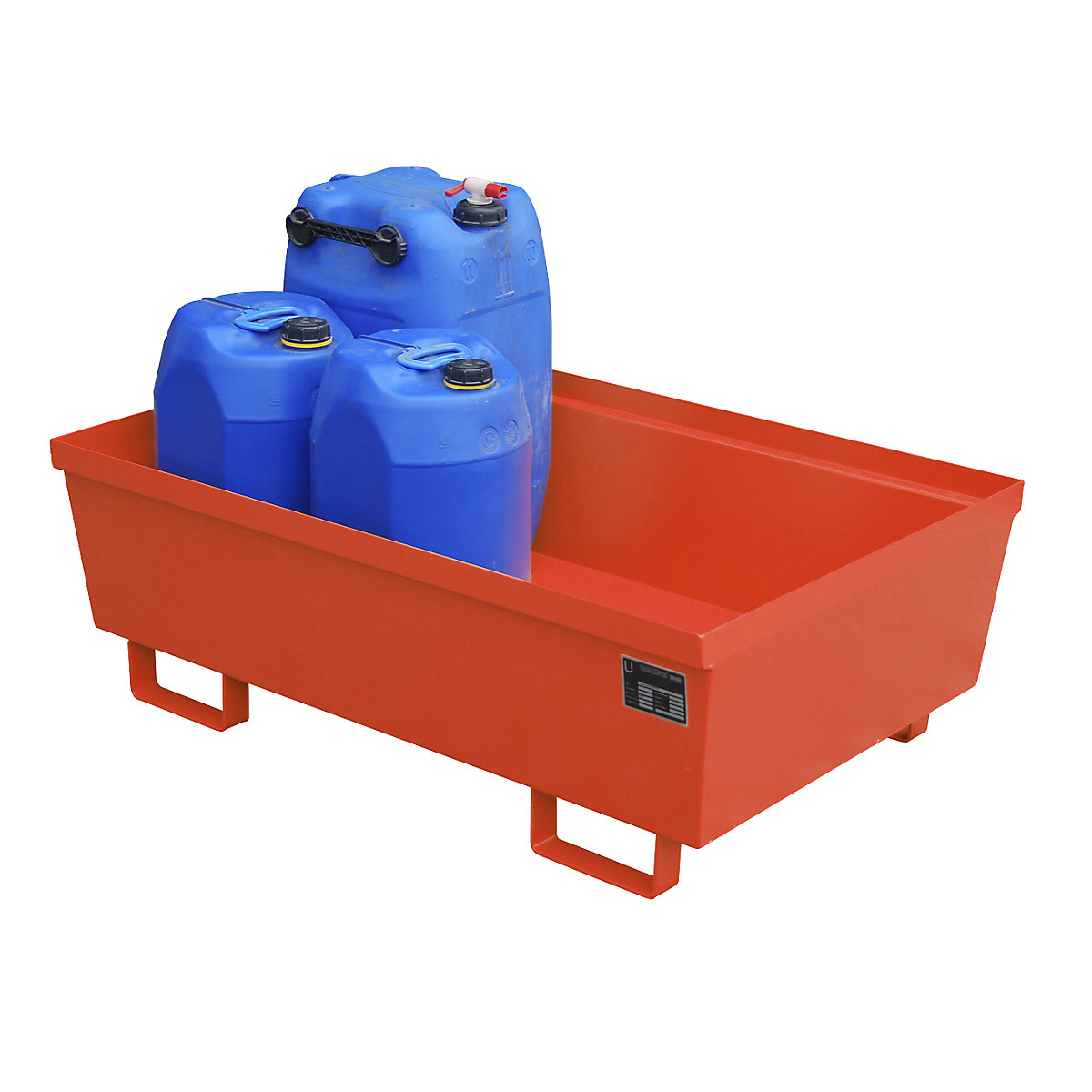 Cuve de rétention en acier à bords profilés – eurokraft pro, L x l x h 1200 x 800 x 415 mm, sans caillebotis, rouge RAL 3000-1