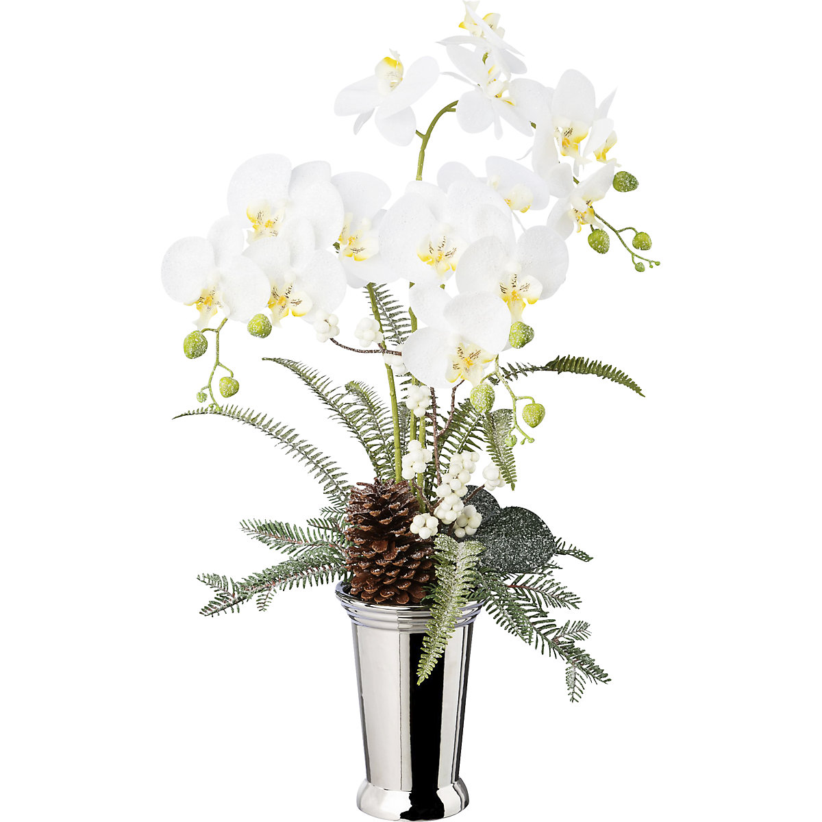 Arranjo de orquídeas em vaso cerâmico