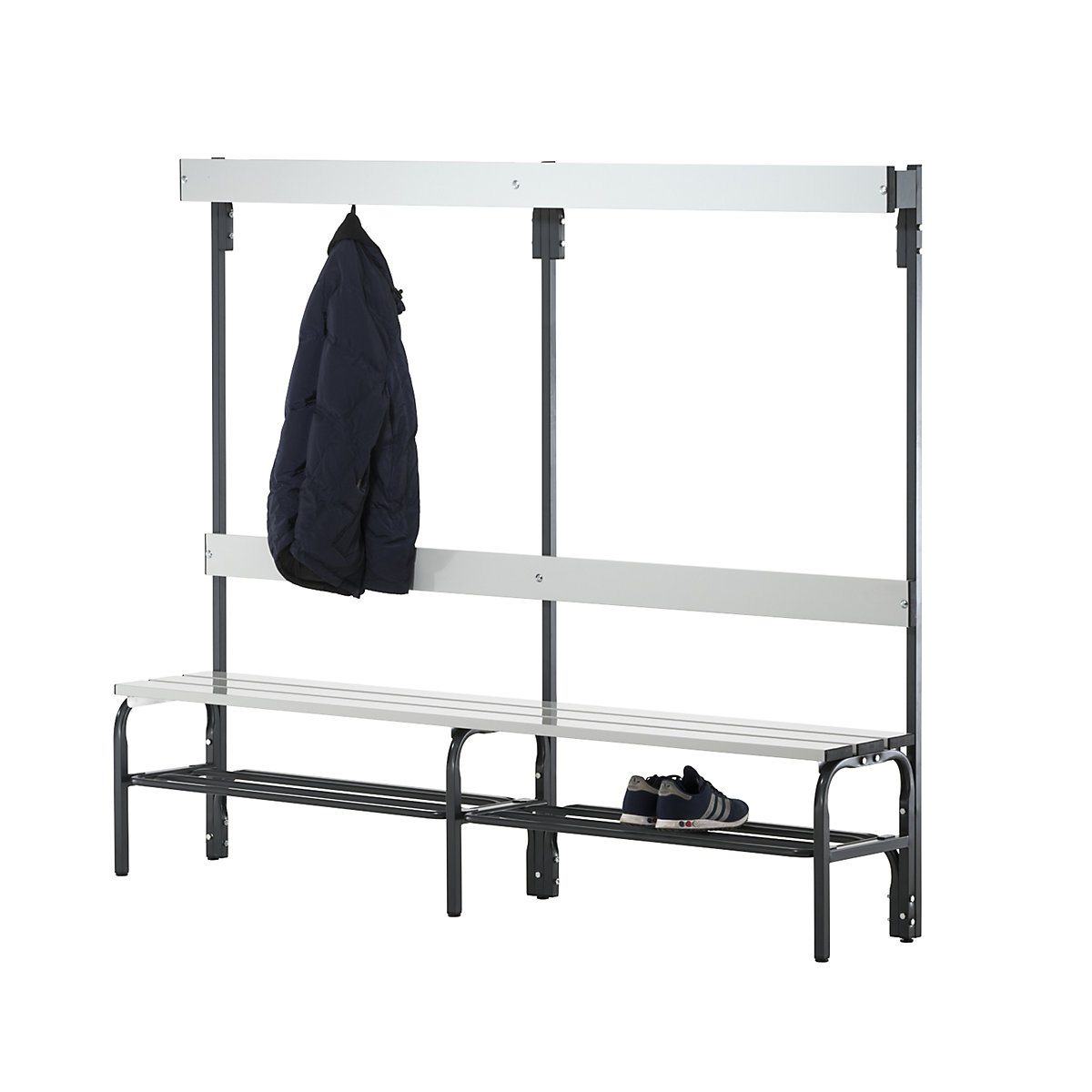 Sypro – Banco de vestiário com ripas de alumínio, AxP 1650 x 375 mm, de um lado, comprimento 2000 mm, 6 ganchos, antracite, grade para sapatos