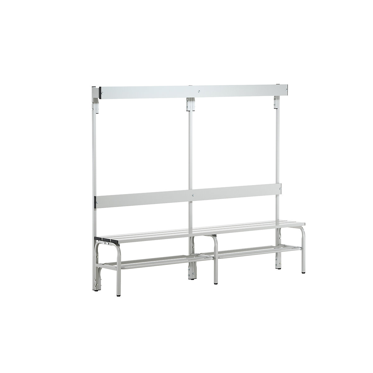 Sypro – Banco de vestiário com ripas de alumínio, AxP 1650 x 375 mm, de um lado, comprimento 1500 mm, 6 ganchos, cinzento claro, grade para sapatos