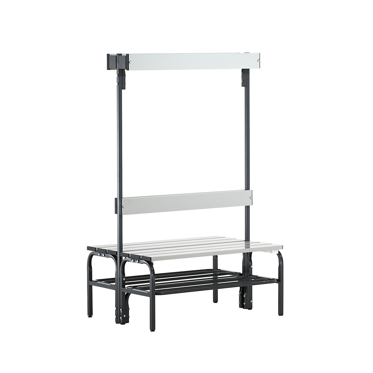 Sypro – Banco de vestiário em aço inoxidável, AxP 1650 x 725 mm, comprimento 1015 mm, 6 ganchos, antracite, grade para sapatos