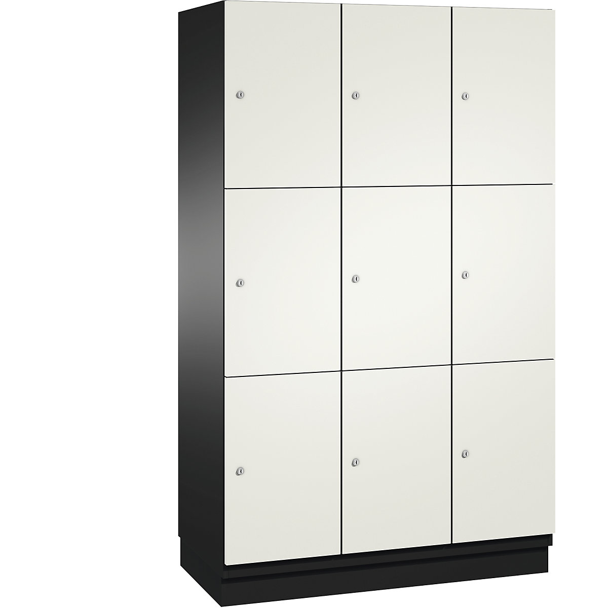 Armário de cacifos com 3 compartimentos Cambio – C+P, 3 compartimentos, preto acinzentado/branco puro, porta em chapa de aço, L 1200 mm, 9 compartimentos-9