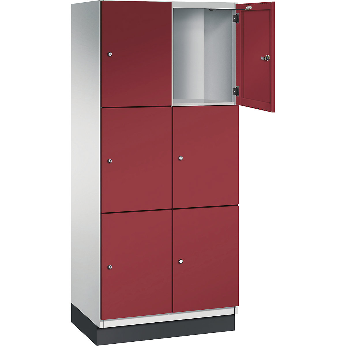 Armário de cacifos com 3 compartimentos Cambio – C+P, 2 compartimentos, cinzento claro/vermelho rubi, porta em chapa de aço, L 800 mm, 6 compartimentos-4