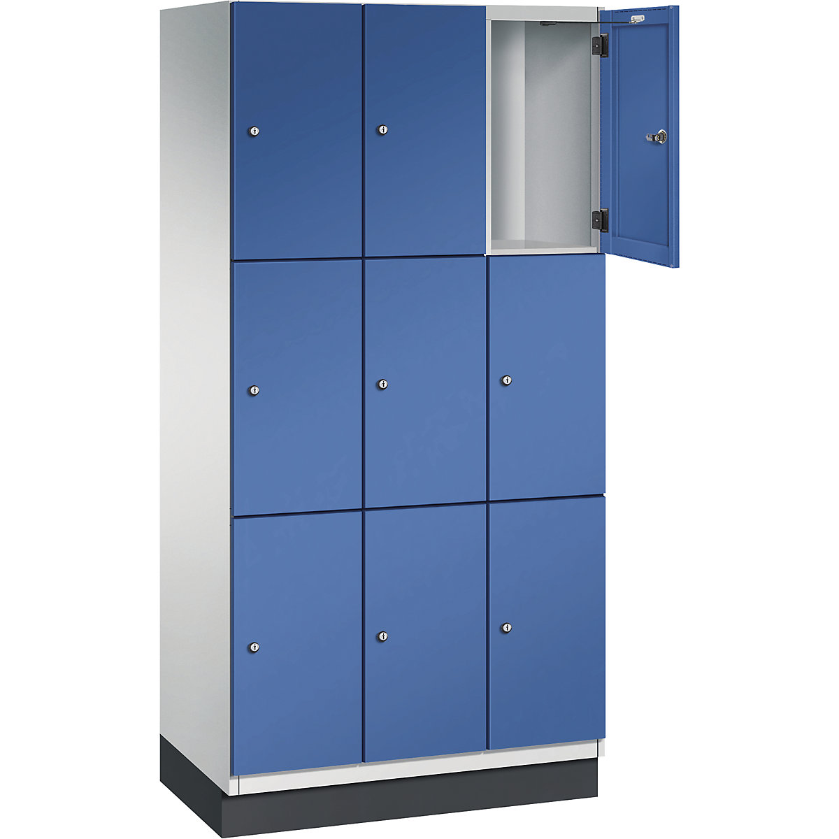 Armário de cacifos com 3 compartimentos Cambio – C+P, 3 compartimentos, cinzento claro/azul genciana, porta em chapa de aço, L 900 mm, 9 compartimentos-12