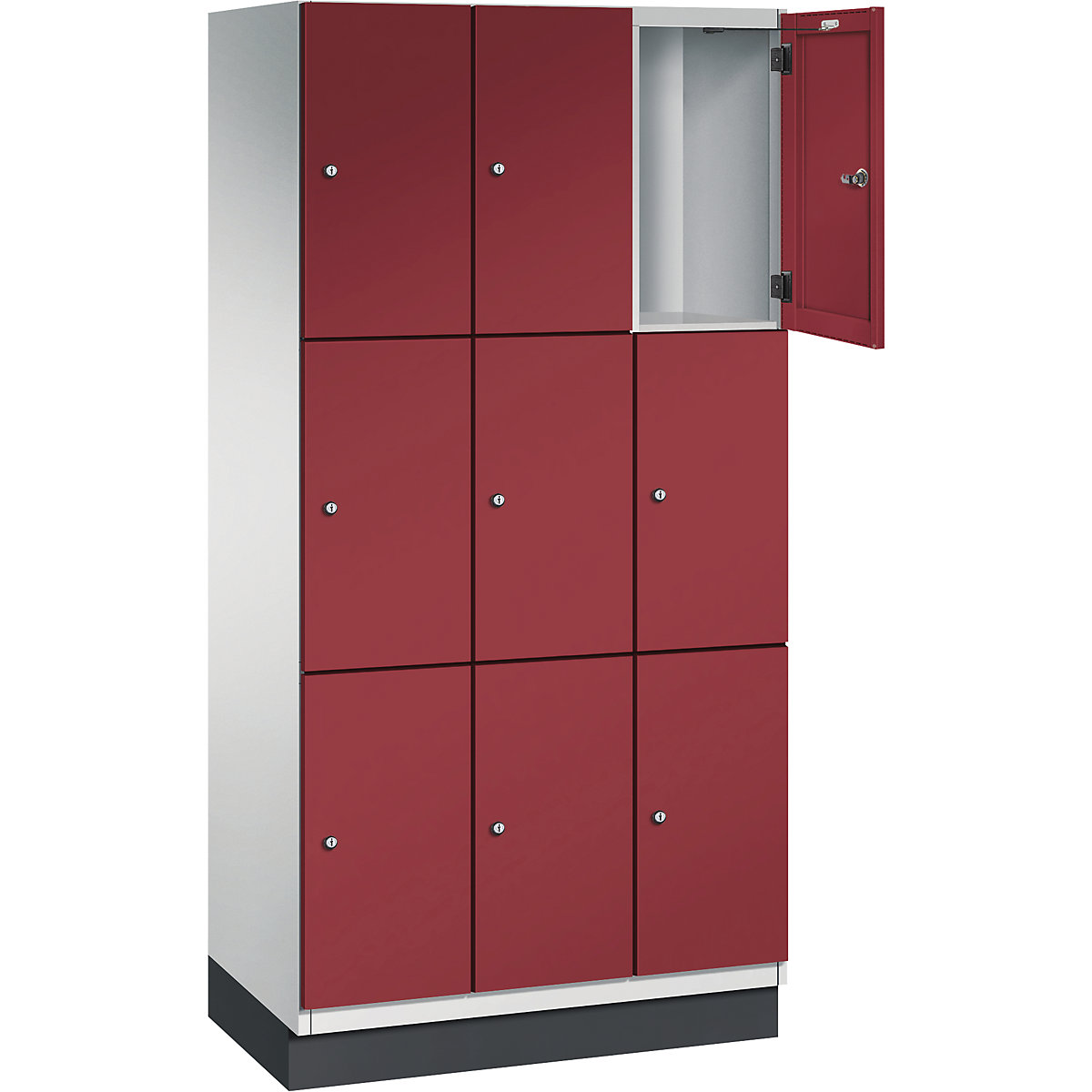 Armário de cacifos com 3 compartimentos Cambio – C+P, 3 compartimentos, cinzento claro/vermelho rubi, porta em chapa de aço, L 900 mm, 9 compartimentos-6