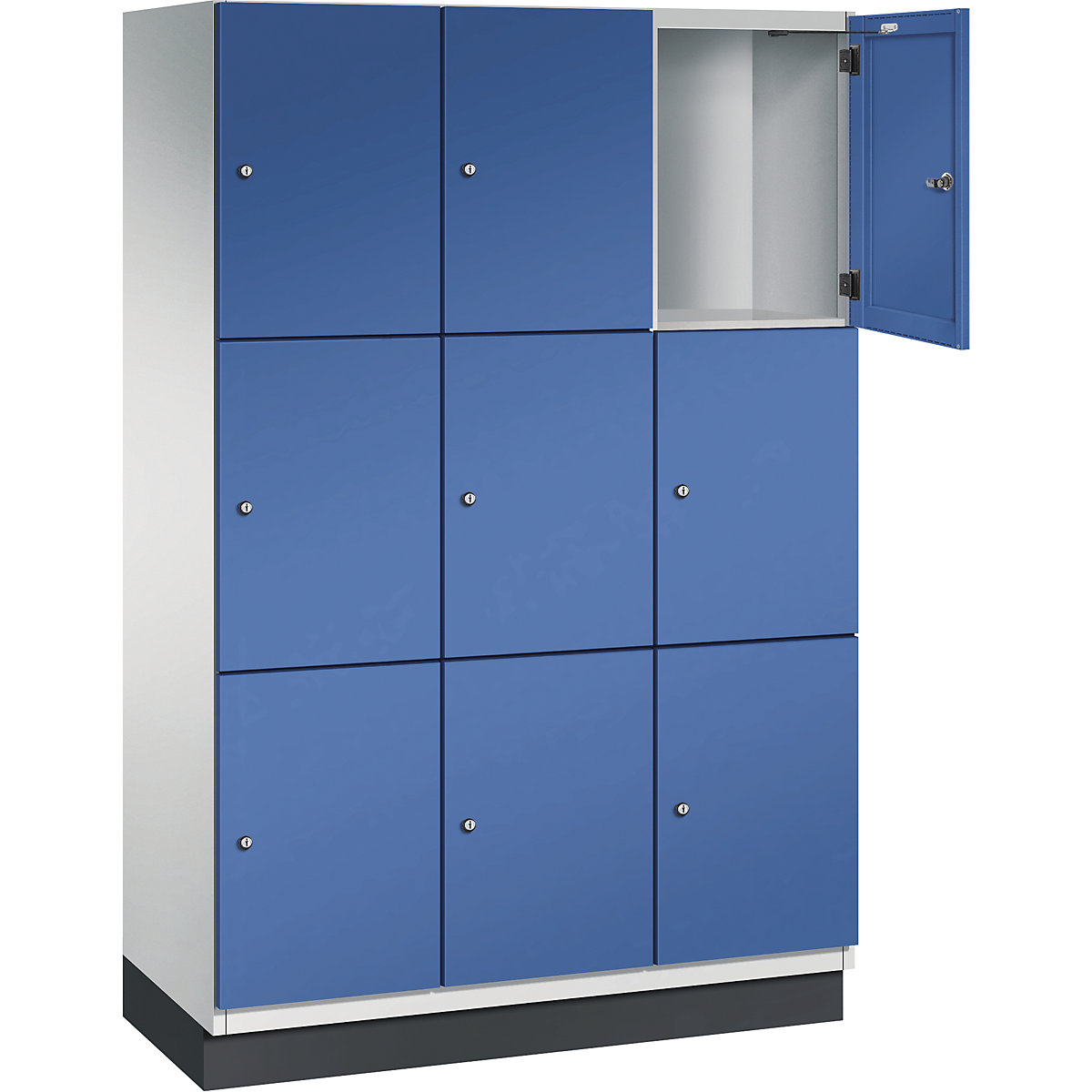 Armário de cacifos com 3 compartimentos Cambio – C+P, 3 compartimentos, cinzento claro/azul genciana, porta em chapa de aço, L 1200 mm, 9 compartimentos-4