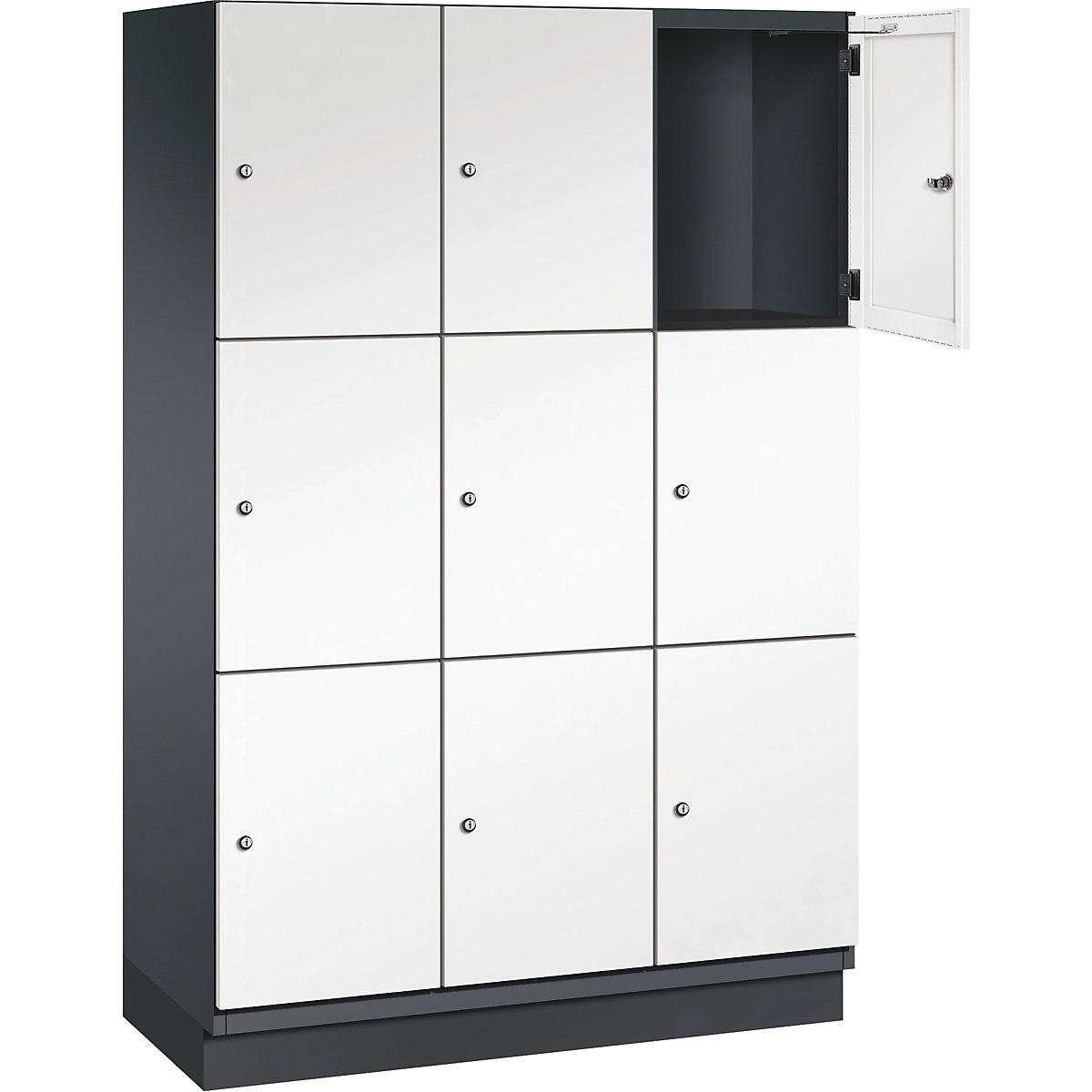 Armário de cacifos com 3 compartimentos Cambio – C+P, 3 compartimentos, preto acinzentado/branco puro, porta em chapa de aço, L 1200 mm, 9 compartimentos-9
