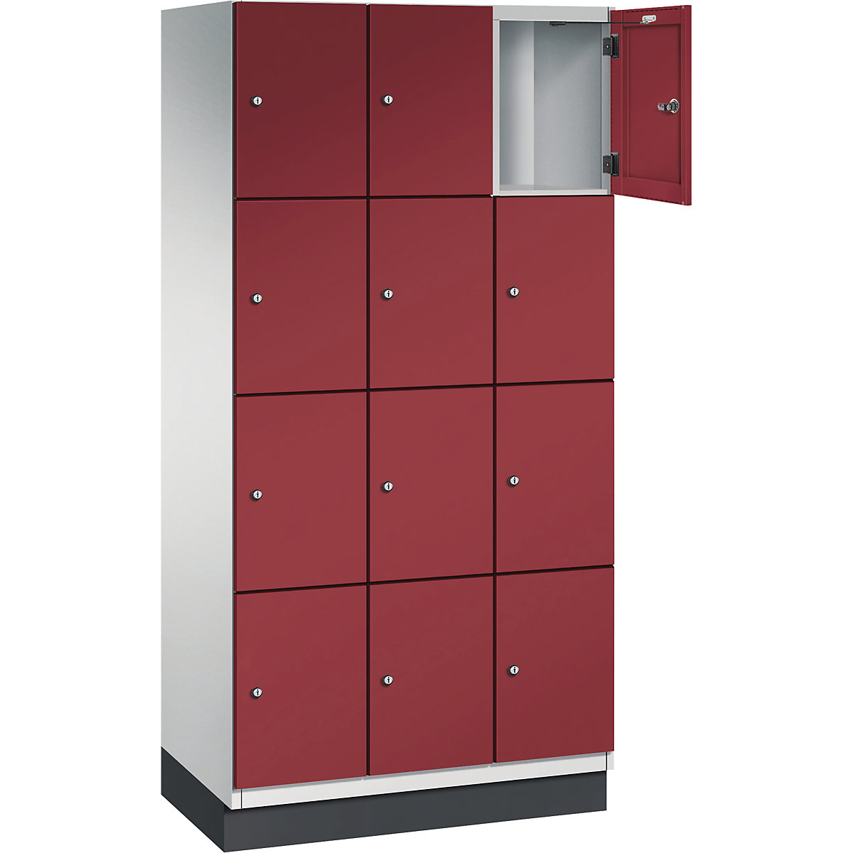 Armário de cacifos com 4 compartimentos Cambio – C+P, 3 compartimentos, cinzento claro/vermelho rubi, porta em chapa de aço, L 900 mm, 12 compartimentos-10