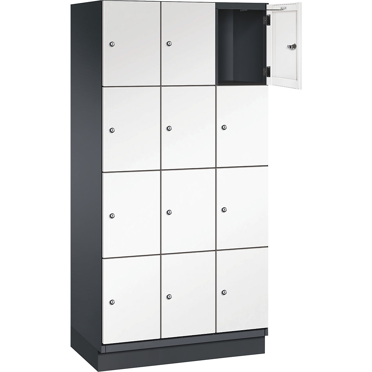 Armário de cacifos com 4 compartimentos Cambio – C+P, 3 compartimentos, preto acinzentado/branco puro, porta em chapa de aço, L 900 mm, 12 compartimentos-12