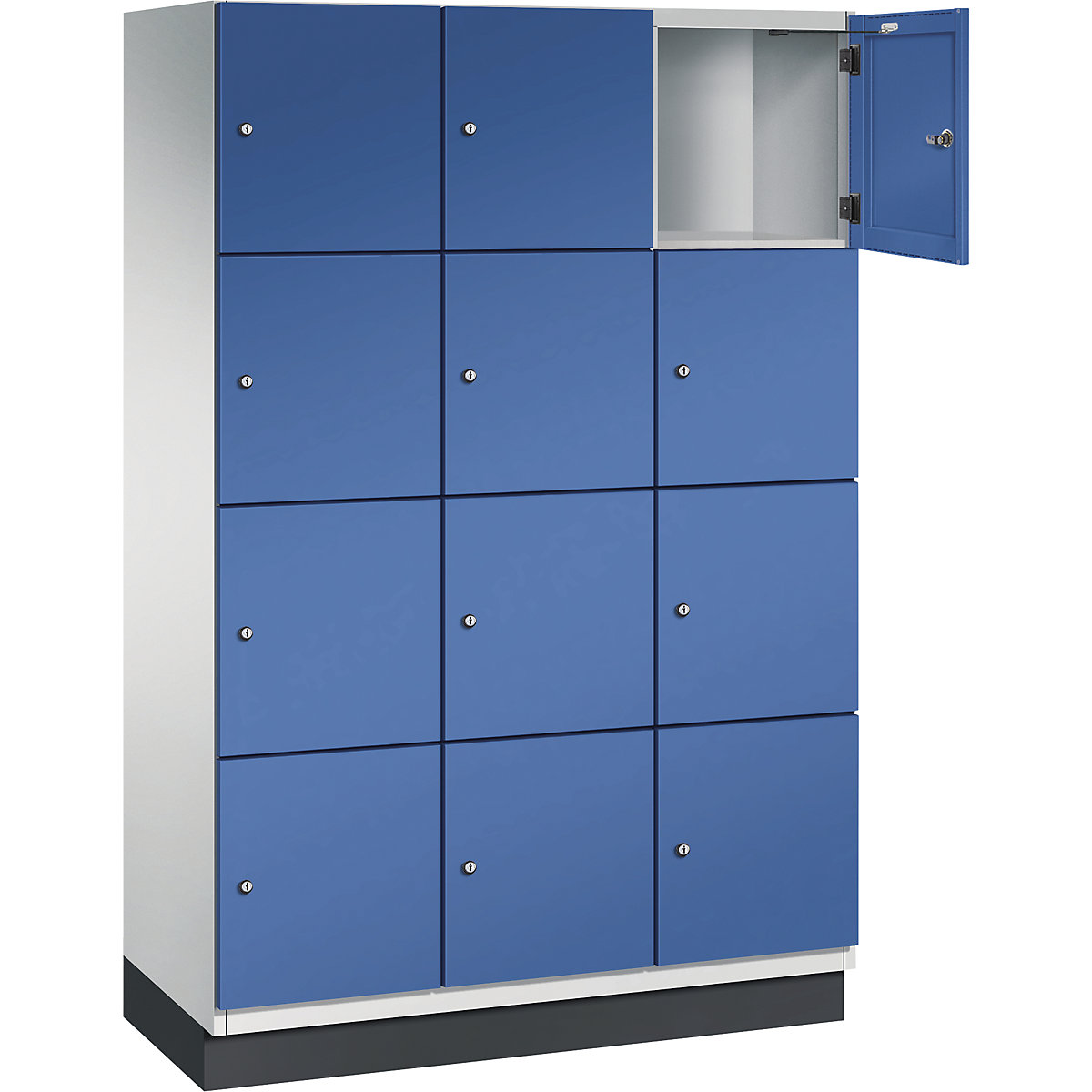 Armário de cacifos com 4 compartimentos Cambio – C+P, 3 compartimentos, cinzento claro/azul genciana, porta em chapa de aço, L 1200 mm, 12 compartimentos-6