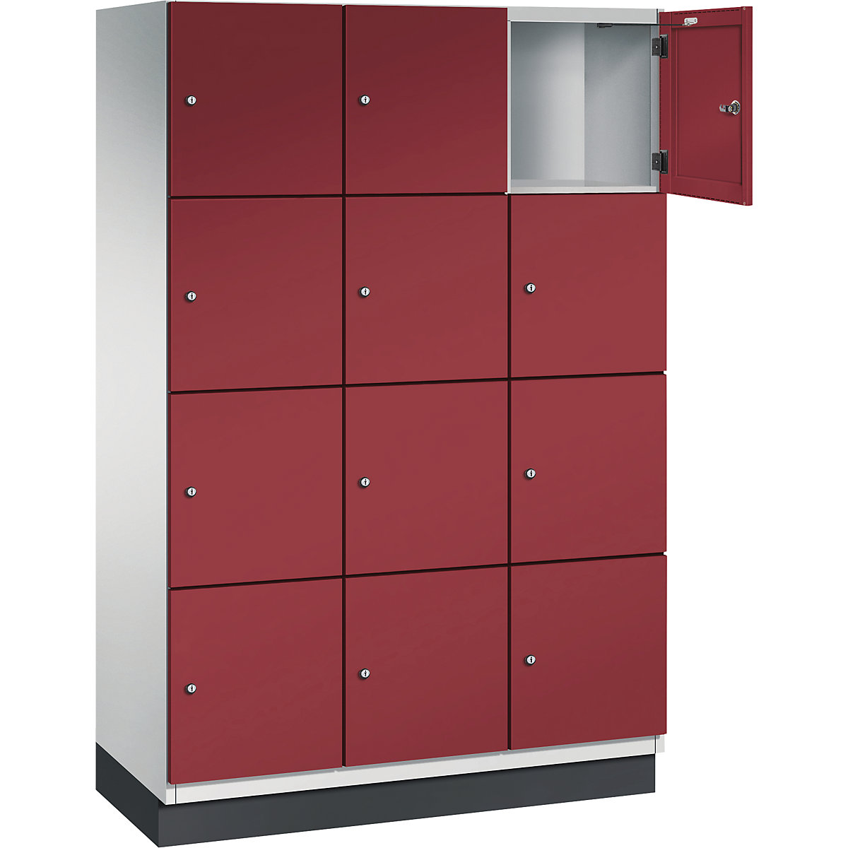 Armário de cacifos com 4 compartimentos Cambio – C+P, 3 compartimentos, cinzento claro/vermelho rubi, porta em chapa de aço, L 1200 mm, 12 compartimentos-1