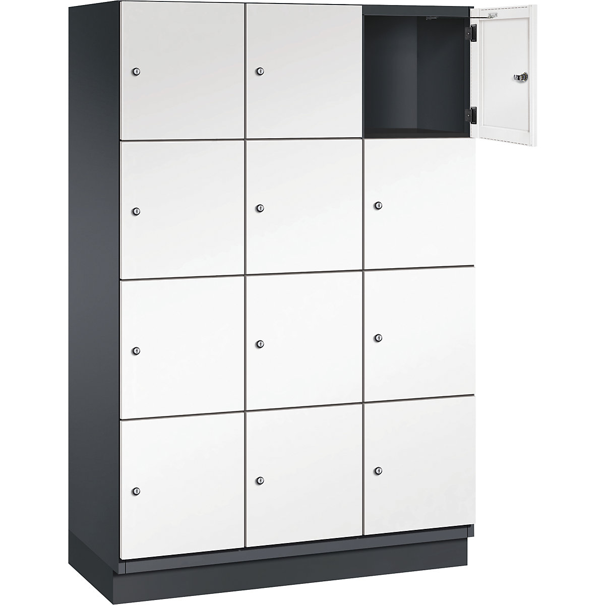 Armário de cacifos com 4 compartimentos Cambio – C+P, 3 compartimentos, preto acinzentado/branco puro, porta em chapa de aço, L 1200 mm, 12 compartimentos-5