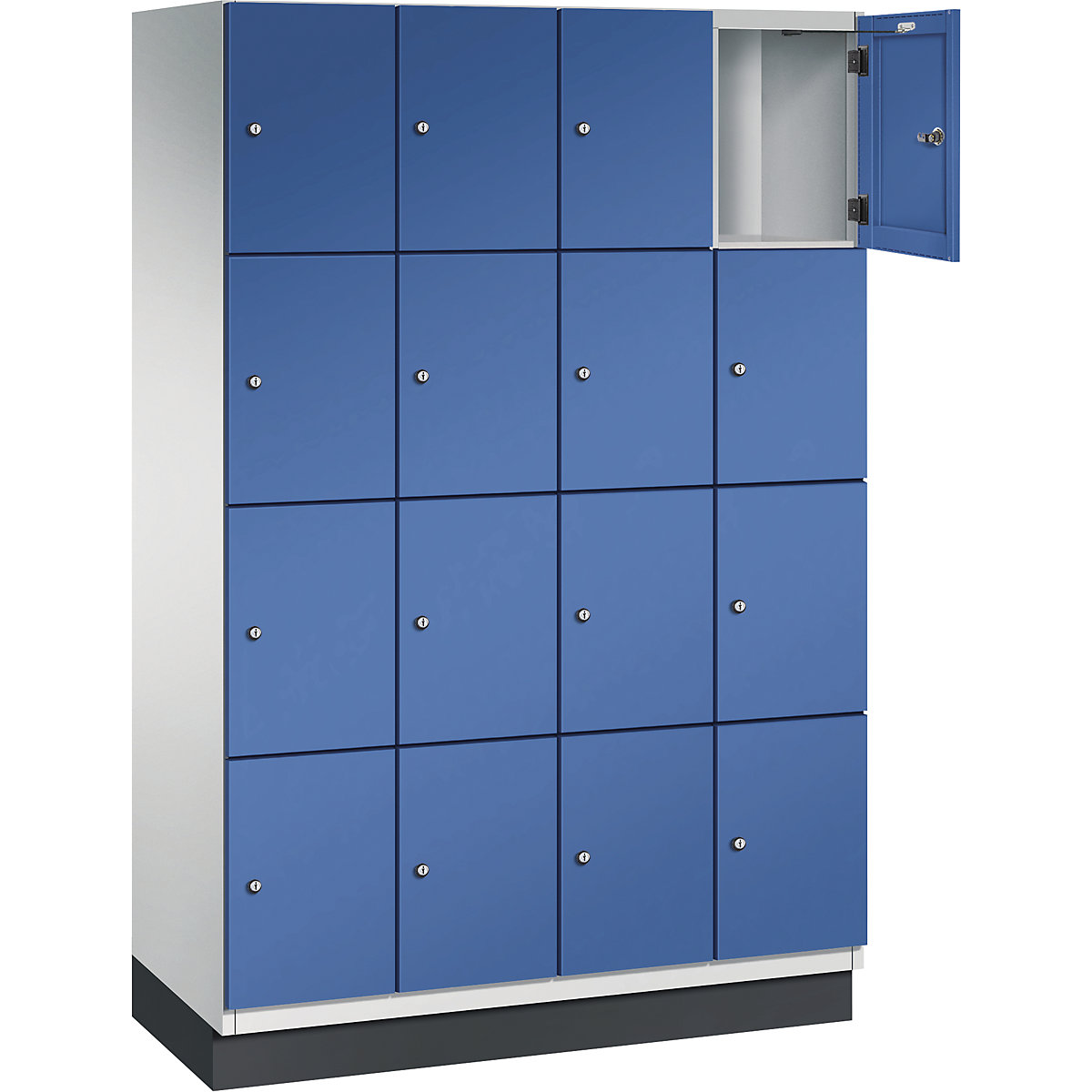 Armário de cacifos com 4 compartimentos Cambio – C+P, 4 compartimentos, cinzento claro/azul genciana, porta em chapa de aço, L 1200 mm, 16 compartimentos-1