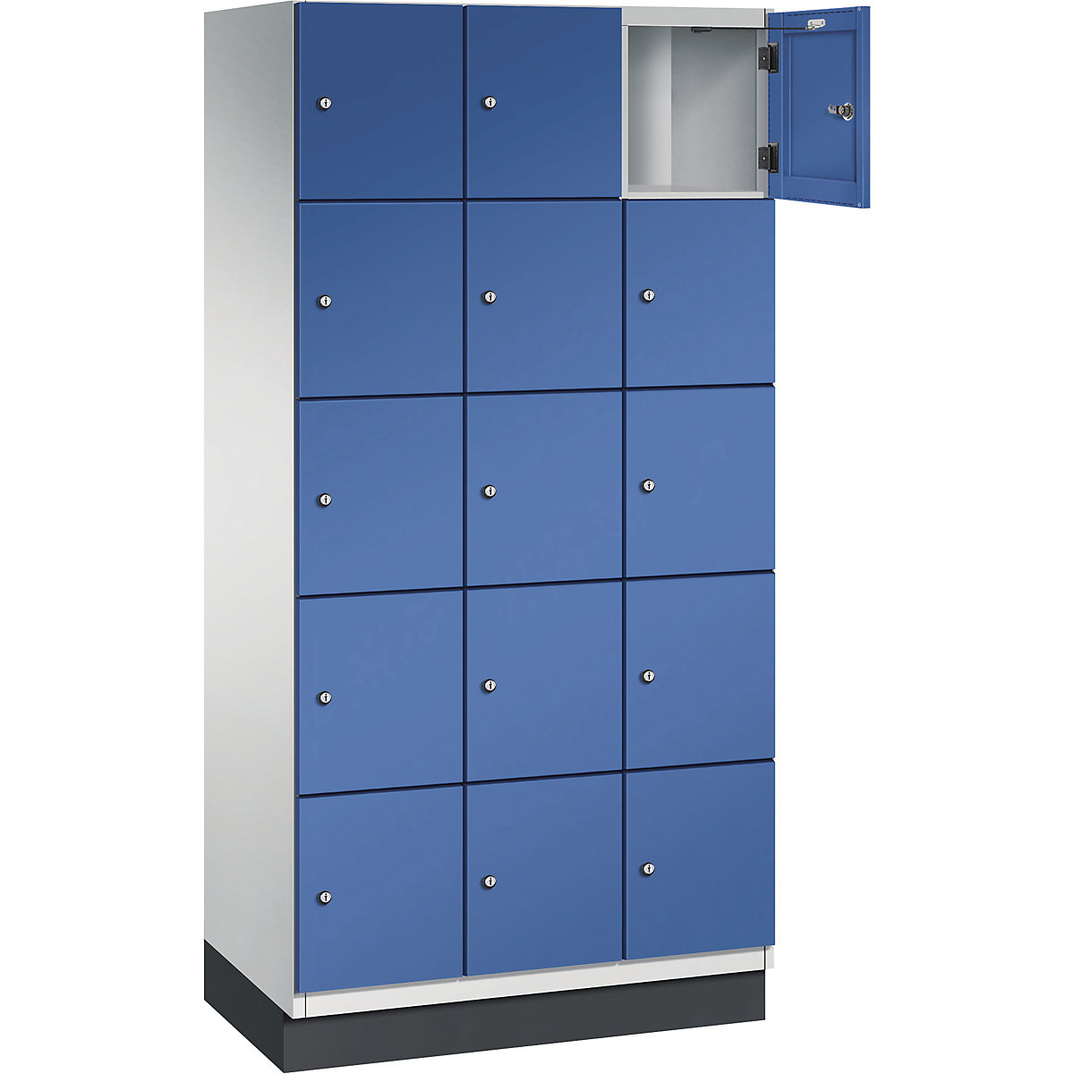 Armário de cacifos com 5 compartimentos Cambio – C+P, 3 compartimentos, cinzento claro/azul genciana, porta em chapa de aço, L 900 mm, 15 compartimentos-9