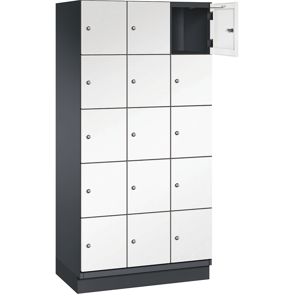 Armário de cacifos com 5 compartimentos Cambio – C+P, 3 compartimentos, preto acinzentado/branco puro, porta em chapa de aço, L 900 mm, 15 compartimentos-3