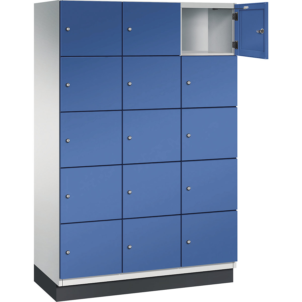Armário de cacifos com 5 compartimentos Cambio – C+P, 3 compartimentos, cinzento claro/azul genciana, porta em chapa de aço, L 1200 mm, 15 compartimentos-2