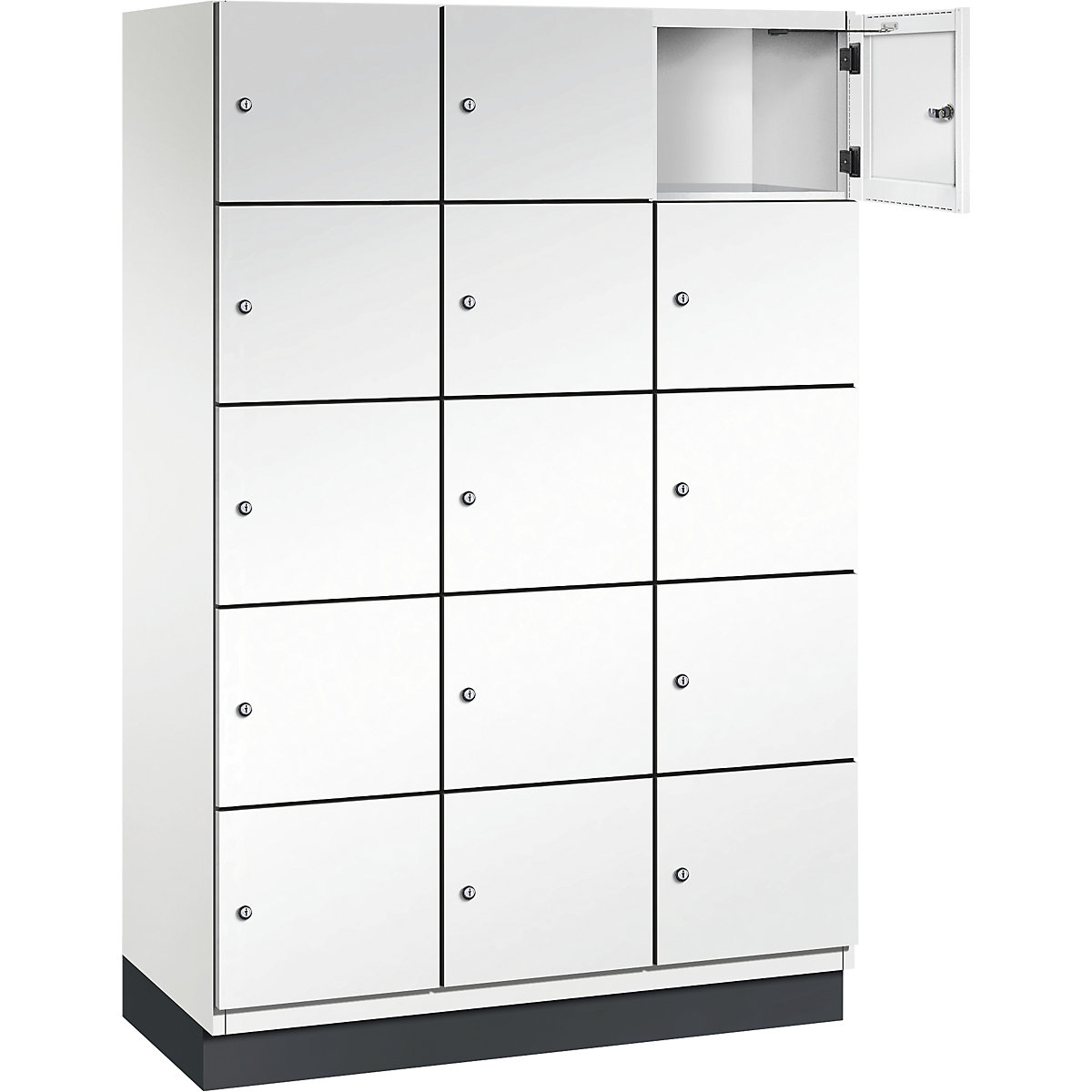 Armário de cacifos com 5 compartimentos Cambio – C+P, 3 compartimentos, branco puro, porta em chapa de aço, L 1200 mm, 15 compartimentos-12