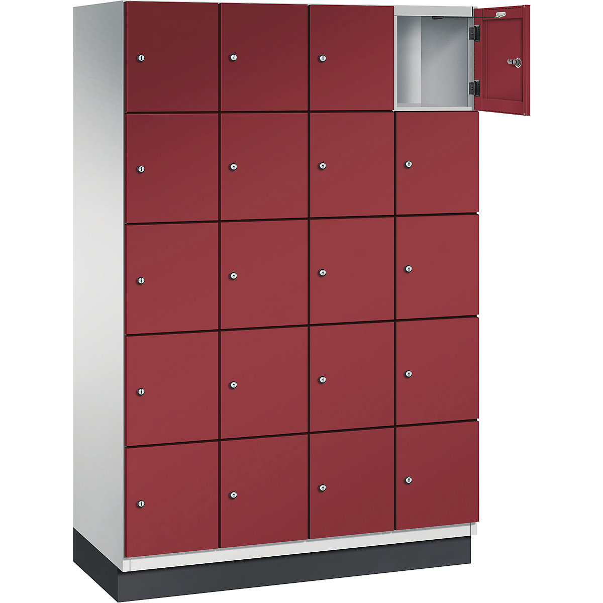 Armário de cacifos com 5 compartimentos Cambio – C+P, 4 compartimentos, cinzento claro/vermelho rubi, porta em chapa de aço, L 1200 mm, 20 compartimentos-3