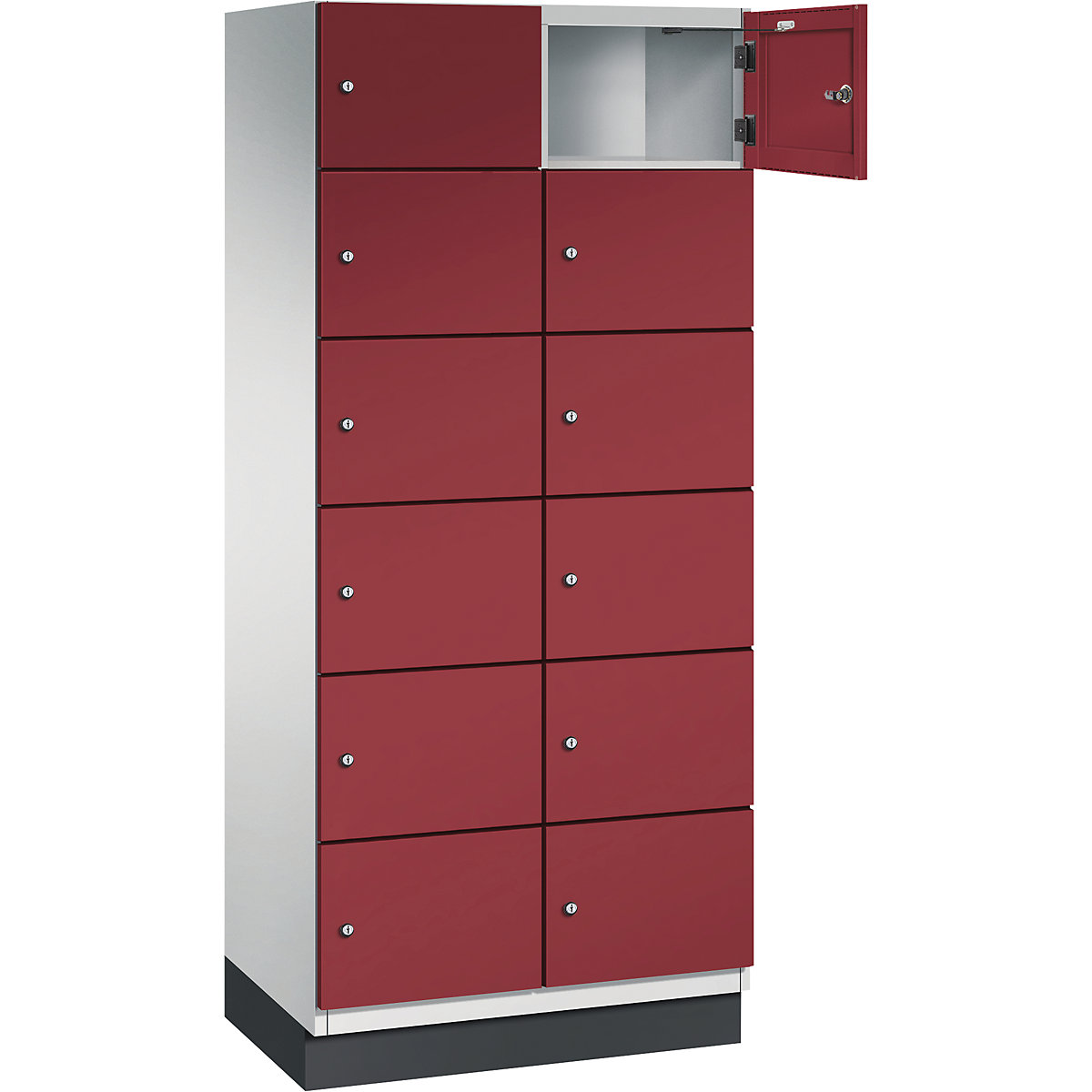 Armário de cacifos com 6 compartimentos Cambio – C+P, 2 compartimentos, cinzento claro/vermelho rubi, porta em chapa de aço, L 800 mm, 12 compartimentos-6