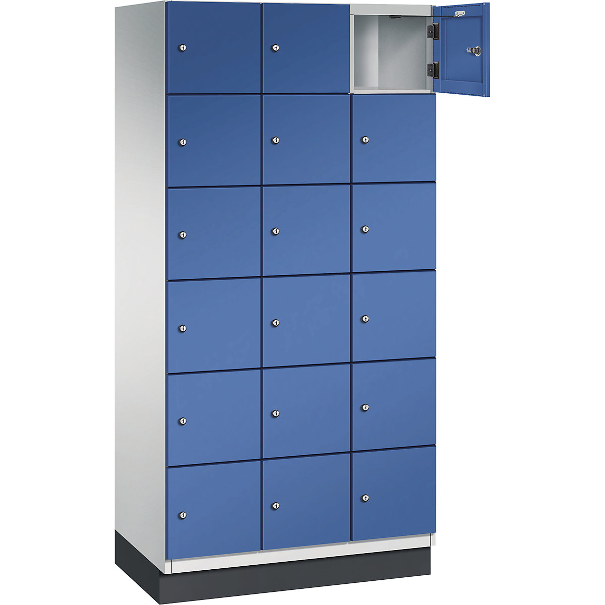 Armário de cacifos com 6 compartimentos Cambio – C+P, 3 compartimentos, cinzento claro/azul genciana, porta em chapa de aço, L 900 mm, 18 compartimentos-12