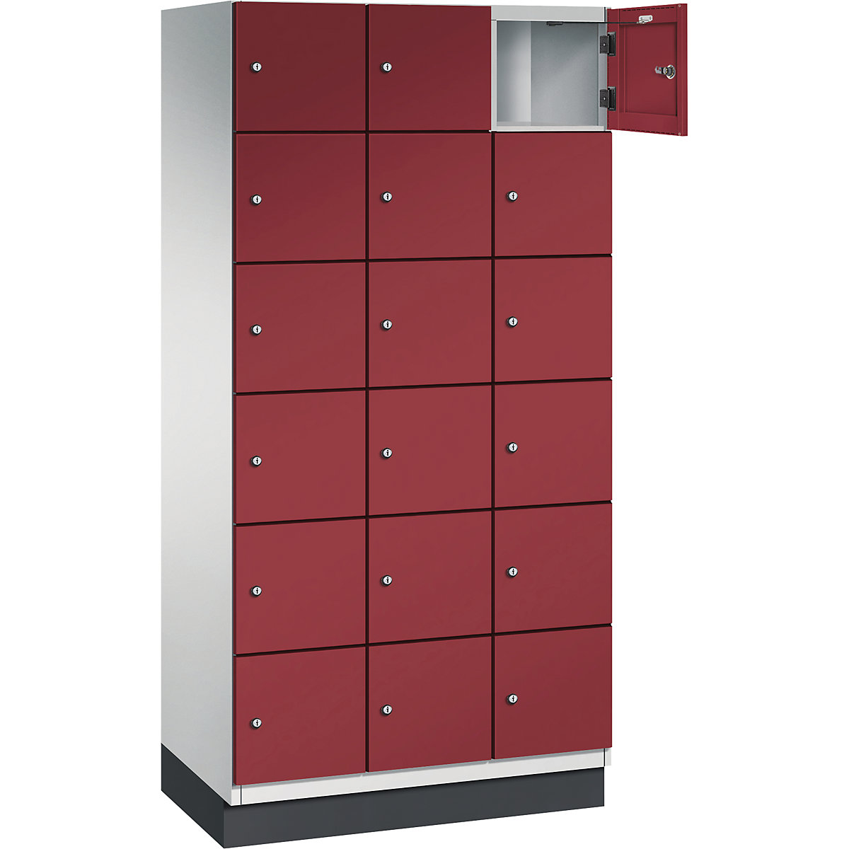 Armário de cacifos com 6 compartimentos Cambio – C+P, 3 compartimentos, cinzento claro/vermelho rubi, porta em chapa de aço, L 900 mm, 18 compartimentos-2